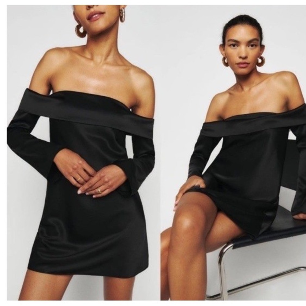 Reformation The Maves Dress Women's L Black Off Shoulder Satin Mini Cocktail